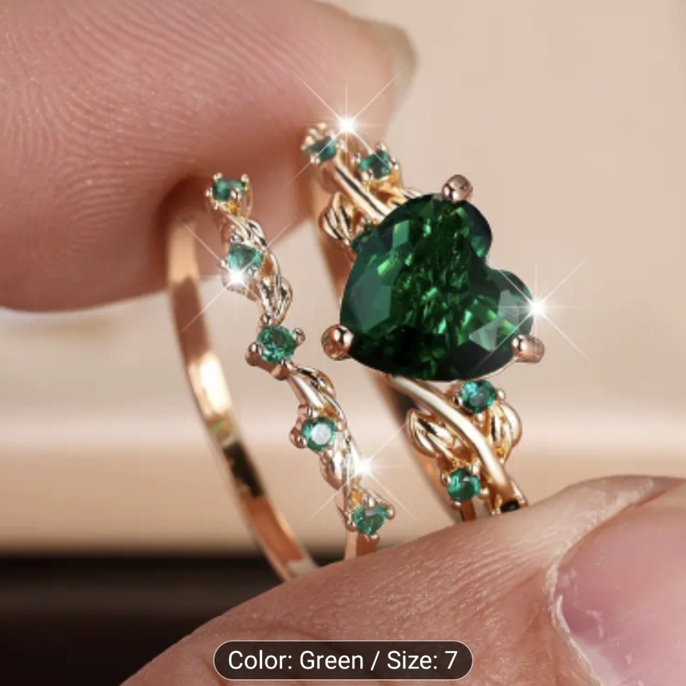 New Green Heart Gemstone Ring Set Size 7 Gold Tone Ring Stackable, T2B4H